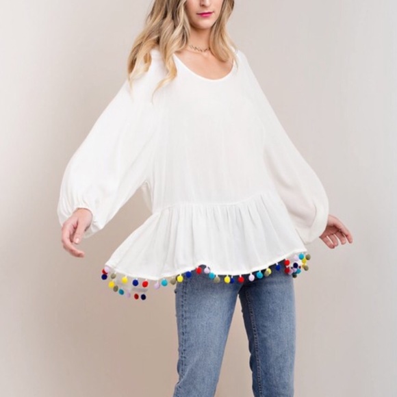 Tops - Cream Top with Pom Pom Trim 3/4 Sleeve